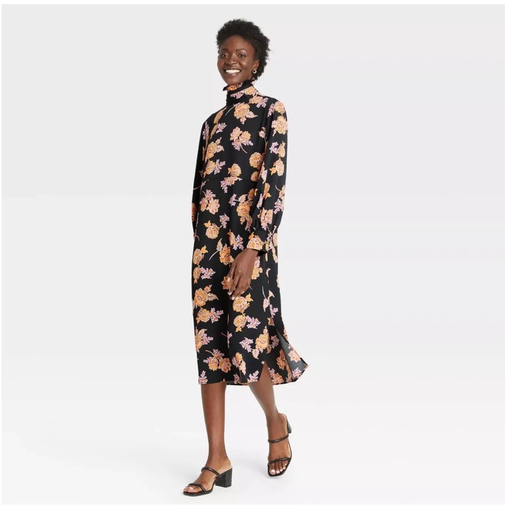 NWT Who What Wear Floral Balloon Long Sleeve Black Dress Small